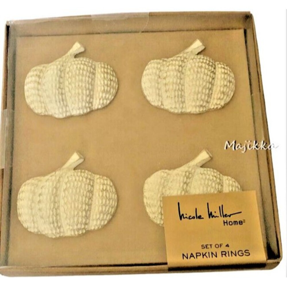 Nicole Miller White Pumpkins Napkin Rings Thanksgiving Autumn Halloween Set Of 4